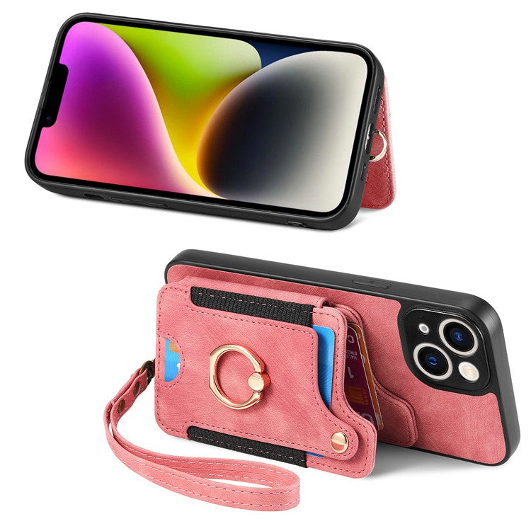 D4 For iPhone 14 Case Card Slots Kickstand RFID Blocking Leather Back Cover - Pink