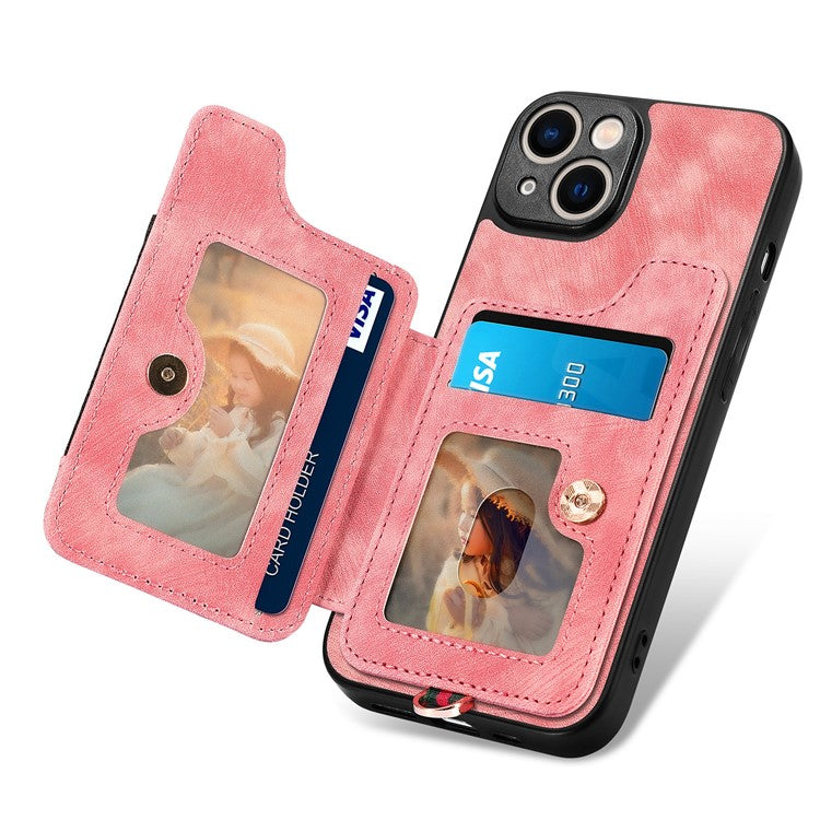 D4 For iPhone 14 Case Card Slots Kickstand RFID Blocking Leather Back Cover - Pink