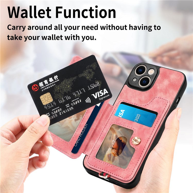 D4 For iPhone 14 Case Card Slots Kickstand RFID Blocking Leather Back Cover - Pink