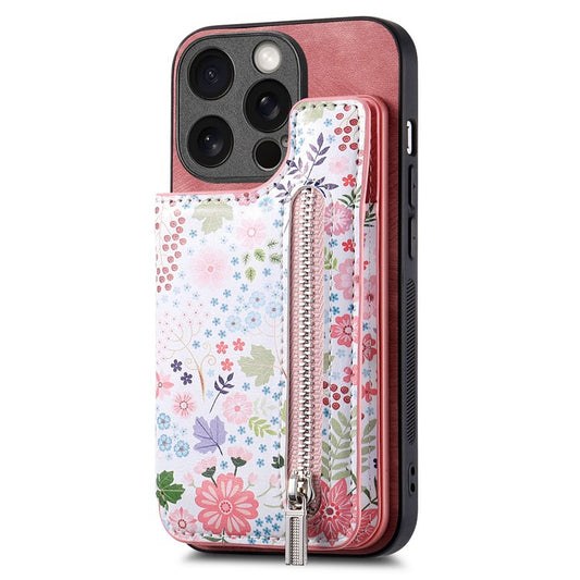 D10 Phone Cover for iPhone 14 Pro Max Colorful Printed Card Holder Zipper Design Protective Case - Pink