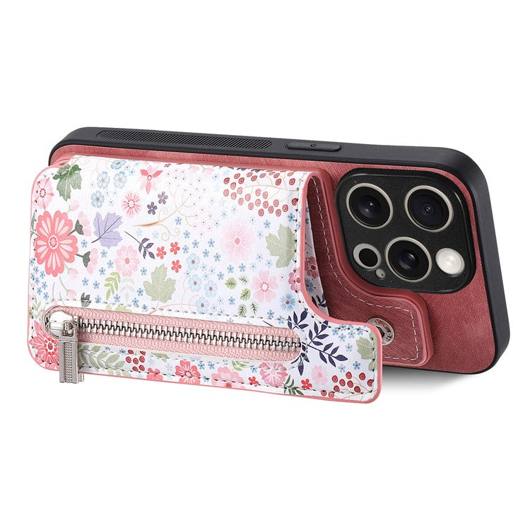 D10 Phone Cover for iPhone 14 Pro Max Colorful Printed Card Holder Zipper Design Protective Case - Pink