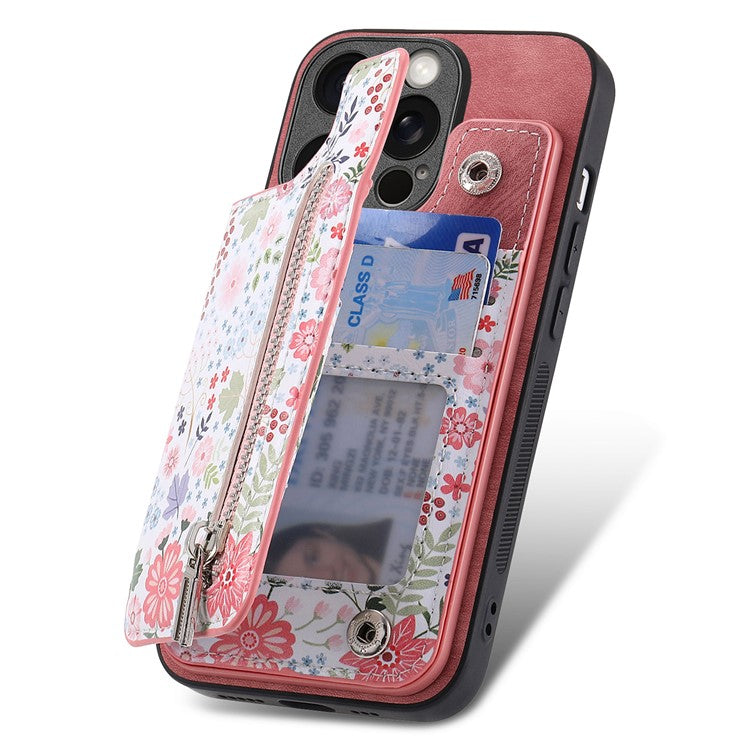D10 Phone Cover for iPhone 14 Pro Max Colorful Printed Card Holder Zipper Design Protective Case - Pink