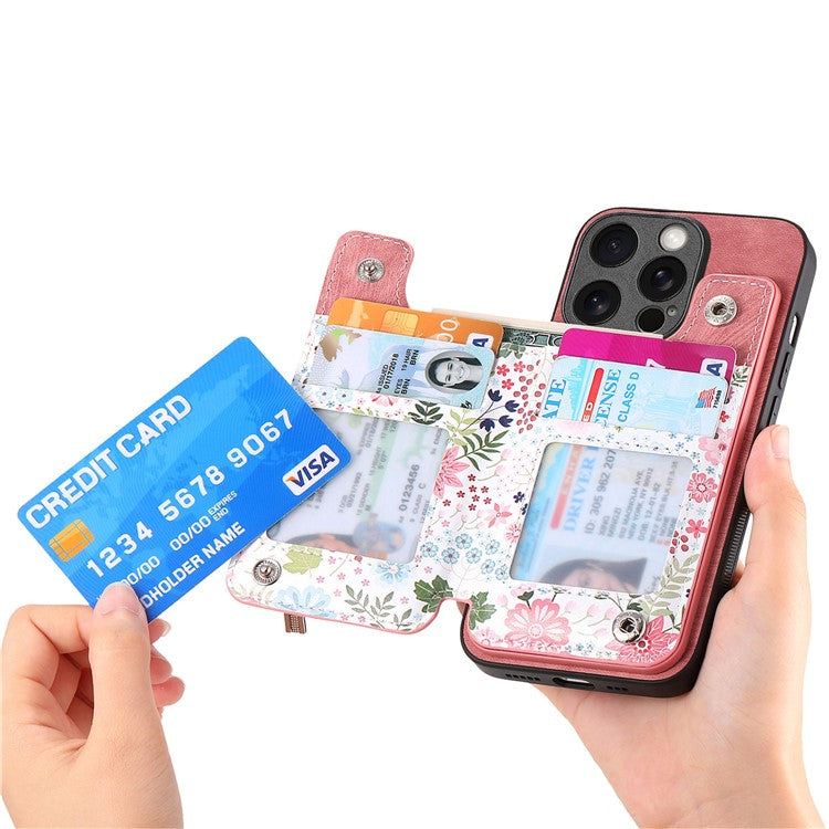 D10 Phone Cover for iPhone 14 Pro Max Colorful Printed Card Holder Zipper Design Protective Case - Pink