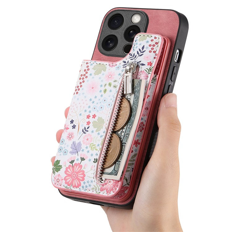 D10 Phone Cover for iPhone 14 Pro Max Colorful Printed Card Holder Zipper Design Protective Case - Pink