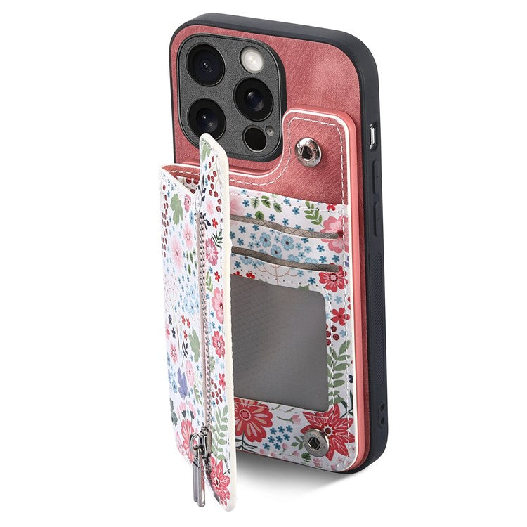D10 Phone Cover for iPhone 14 Pro Max Colorful Printed Card Holder Zipper Design Protective Case - Pink