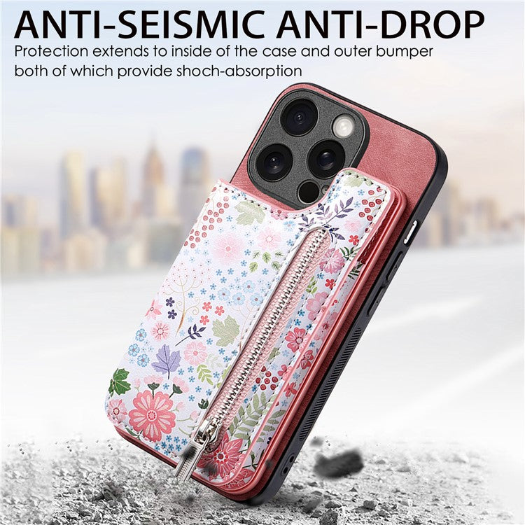 D10 Phone Cover for iPhone 14 Pro Max Colorful Printed Card Holder Zipper Design Protective Case - Pink