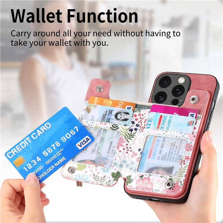 D10 Phone Cover for iPhone 14 Pro Max Colorful Printed Card Holder Zipper Design Protective Case - Pink