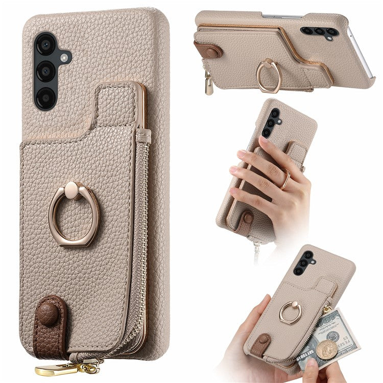 Y3 for Samsung Galaxy A54 5G Leather+TPU Anti-drop Case Kickstand Phone Cover with Zipper Pocket - Khaki