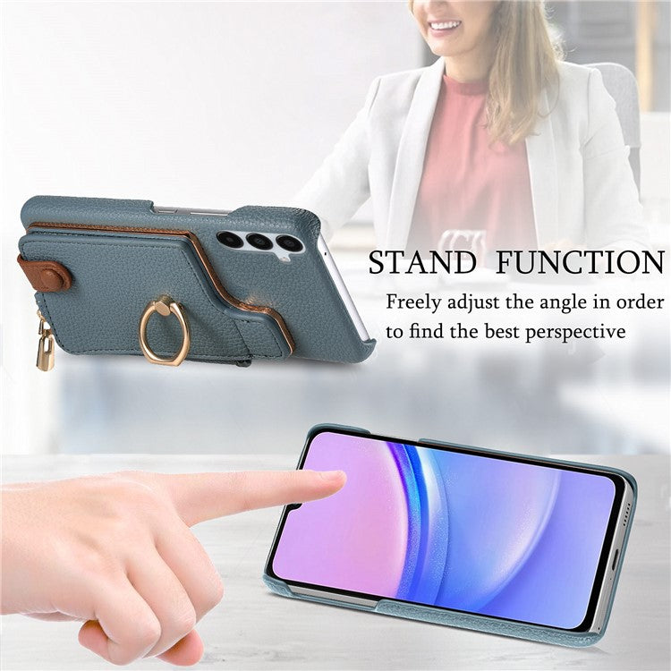 Y3 for Samsung Galaxy A15 4G / A15 5G Phone Case Leather+TPU Kickstand Cover with Zipper Pocket - Blue