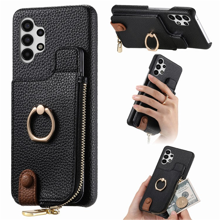 Y3 For Samsung Galaxy A13 4G Case Ring Kickstand Leather+TPU Zipper Pocket Phone Cover - Black