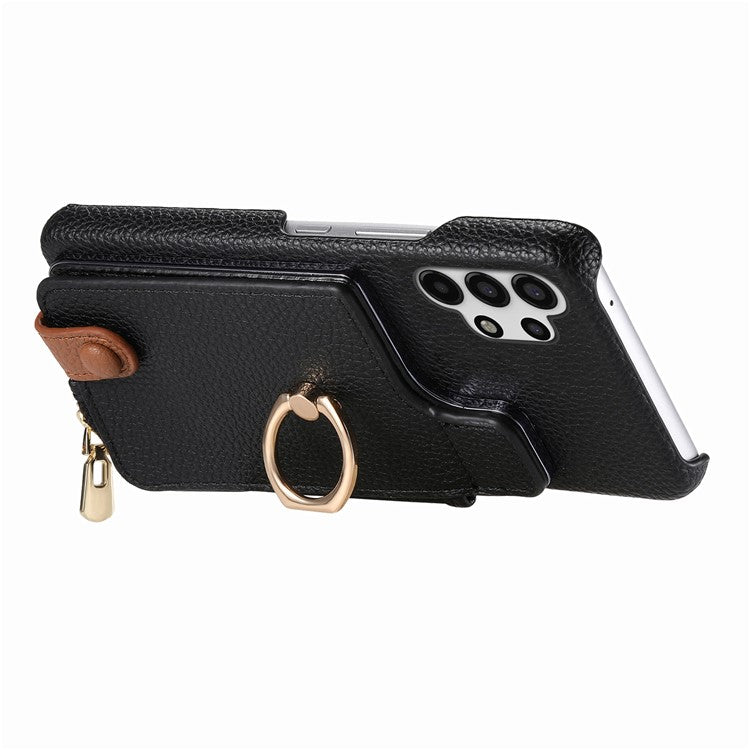 Y3 For Samsung Galaxy A13 4G Case Ring Kickstand Leather+TPU Zipper Pocket Phone Cover - Black