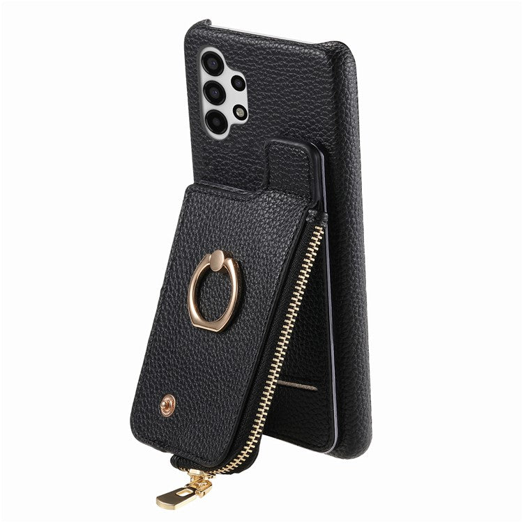 Y3 For Samsung Galaxy A13 4G Case Ring Kickstand Leather+TPU Zipper Pocket Phone Cover - Black