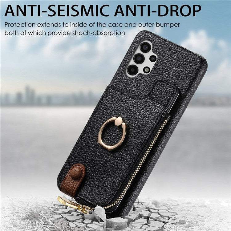 Y3 For Samsung Galaxy A13 4G Case Ring Kickstand Leather+TPU Zipper Pocket Phone Cover - Black