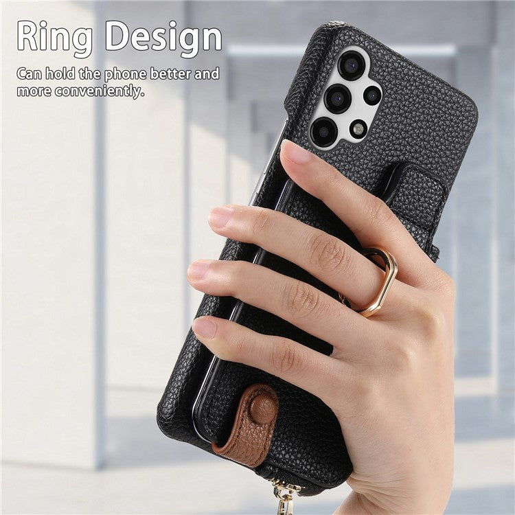 Y3 For Samsung Galaxy A13 4G Case Ring Kickstand Leather+TPU Zipper Pocket Phone Cover - Black