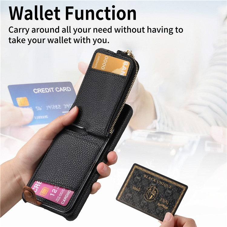 Y3 For Samsung Galaxy A13 4G Case Ring Kickstand Leather+TPU Zipper Pocket Phone Cover - Black