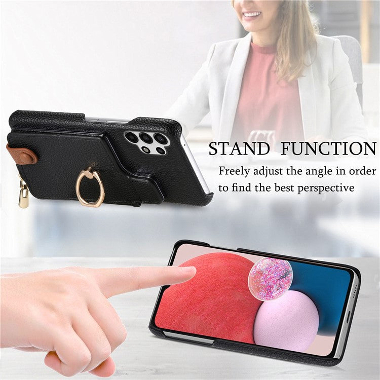 Y3 For Samsung Galaxy A13 4G Case Ring Kickstand Leather+TPU Zipper Pocket Phone Cover - Black