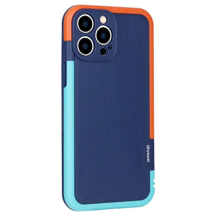 WOLMTT For iPhone 14 Pro Max Case Dual Color Frame Rhombus Texture PC+TPU Anti-drop Phone Cover - Dark Blue
