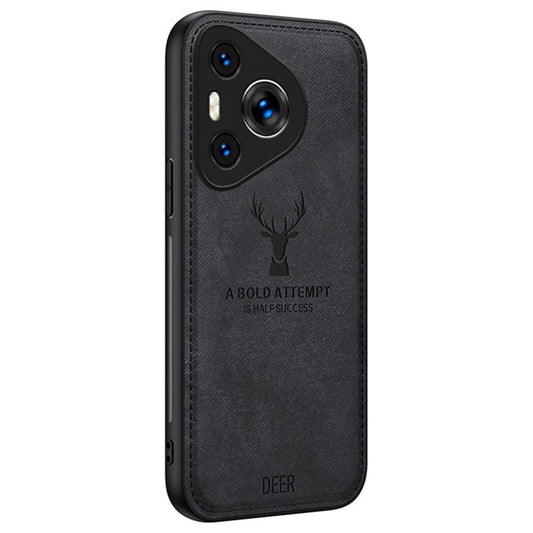 For Huawei Pura 70 Case Deer Pattern Cloth Texture Leather+PC+TPU Hybrid Phone Cover - Black
