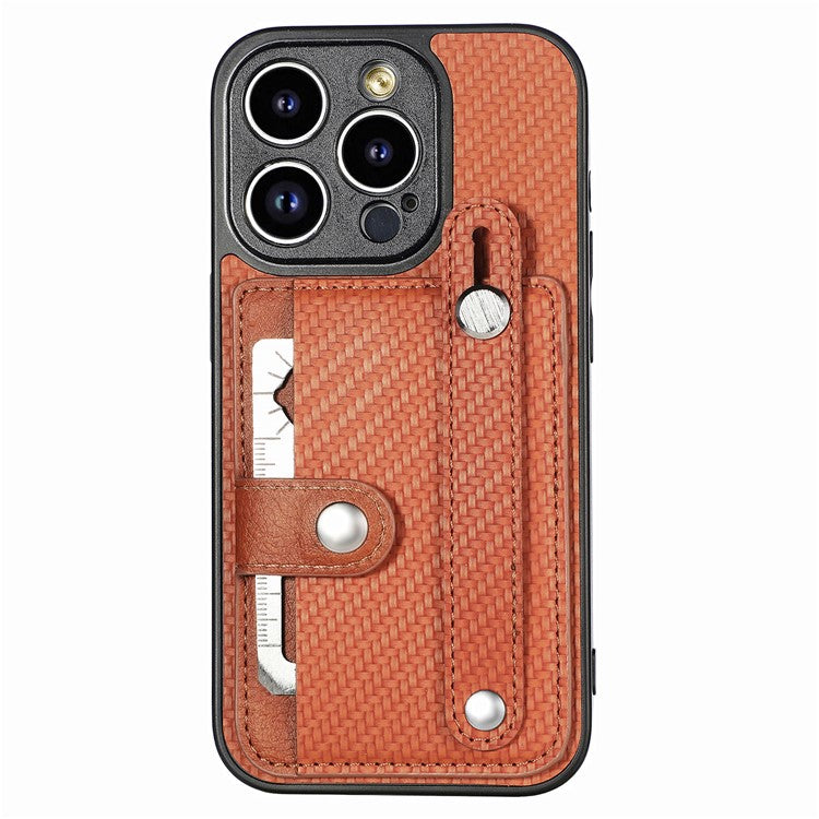 C1-01 For iPhone 14 Pro Case Card Slot Carbon Fiber Texture PU Hybrid Phone Cover - Brown
