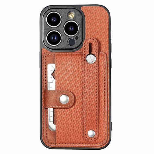C1-01 For iPhone 14 Pro Case Card Slot Carbon Fiber Texture PU Hybrid Phone Cover - Brown