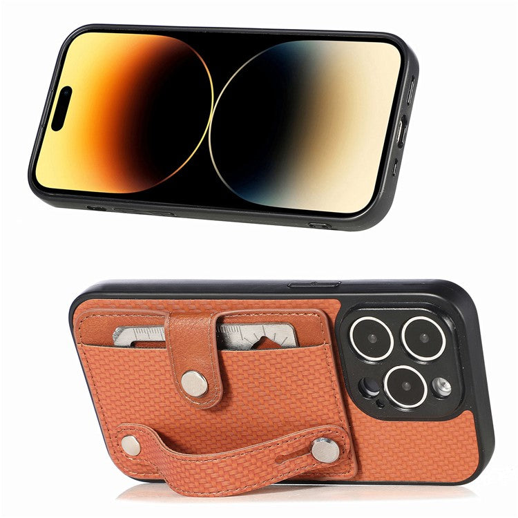 C1-01 For iPhone 14 Pro Case Card Slot Carbon Fiber Texture PU Hybrid Phone Cover - Brown