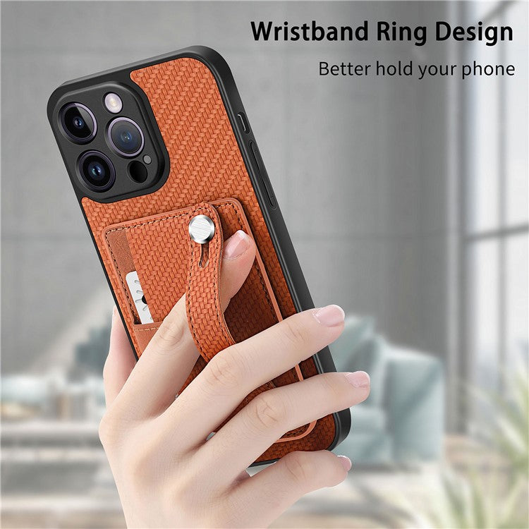 C1-01 For iPhone 14 Pro Case Card Slot Carbon Fiber Texture PU Hybrid Phone Cover - Brown
