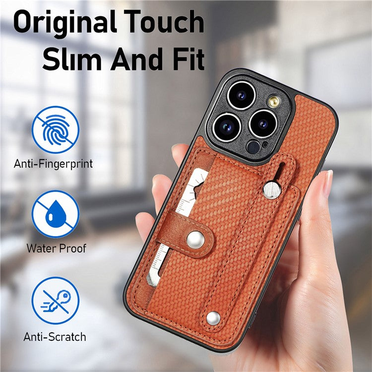 C1-01 For iPhone 14 Pro Case Card Slot Carbon Fiber Texture PU Hybrid Phone Cover - Brown