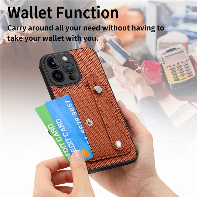 C1-01 For iPhone 14 Pro Case Card Slot Carbon Fiber Texture PU Hybrid Phone Cover - Brown