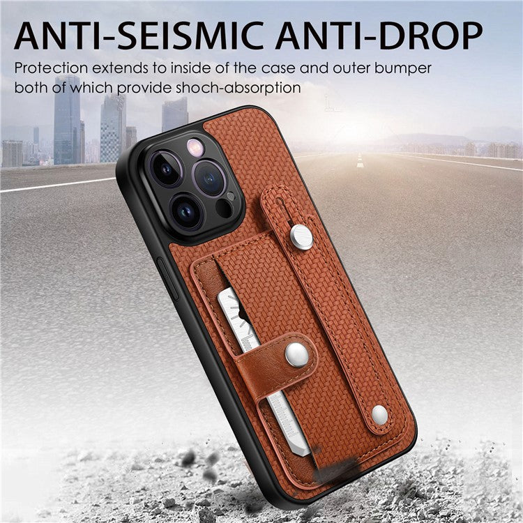 C1-01 For iPhone 14 Pro Case Card Slot Carbon Fiber Texture PU Hybrid Phone Cover - Brown