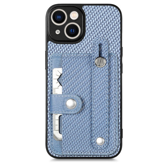 C1-01 For iPhone 14 Case Card Holder Carbon Fiber Texture PU+TPU+PC Shockproof Phone Cover - Blue