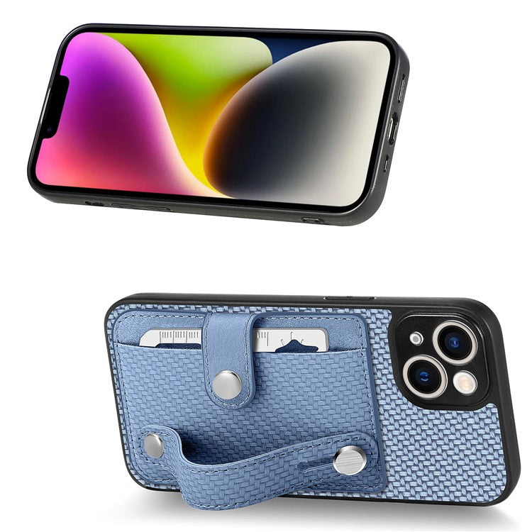 C1-01 For iPhone 14 Case Card Holder Carbon Fiber Texture PU+TPU+PC Shockproof Phone Cover - Blue
