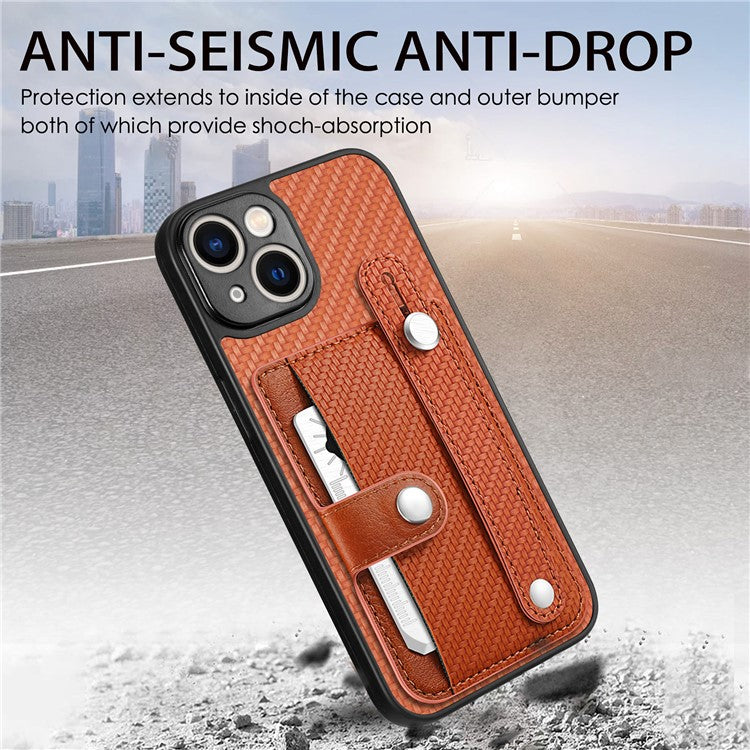 C1-01 For iPhone 14 Case Card Holder Carbon Fiber Texture PU+TPU+PC Shockproof Phone Cover - Blue
