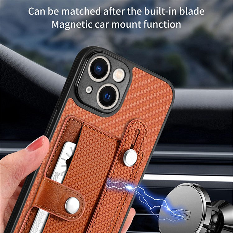 C1-01 For iPhone 14 Case Card Holder Carbon Fiber Texture PU+TPU+PC Shockproof Phone Cover - Blue
