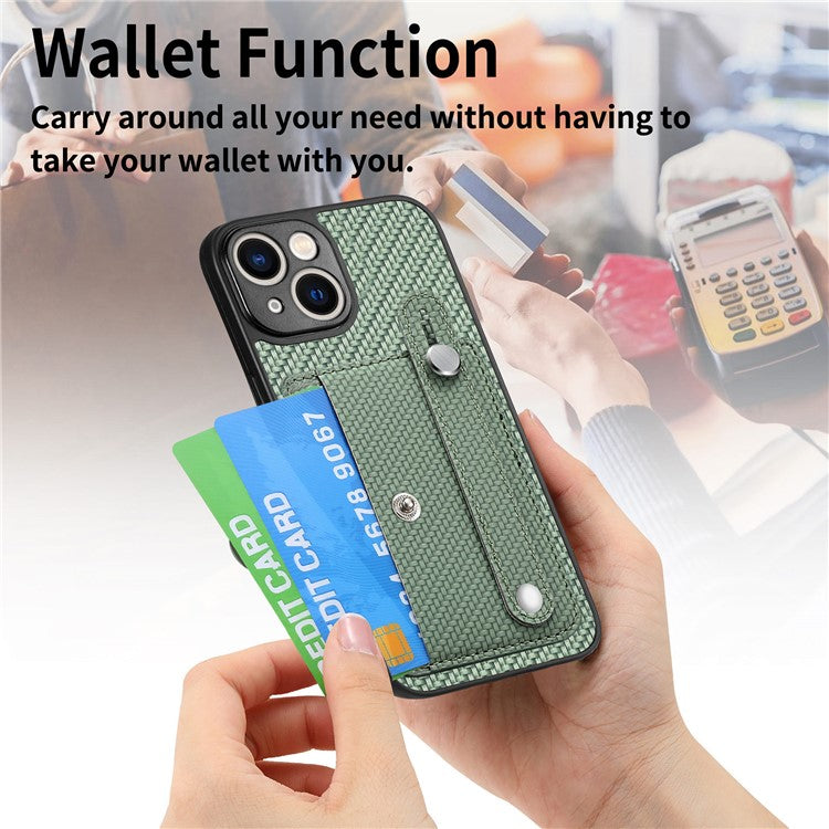 C1-01 For iPhone 14 Case Card Holder Carbon Fiber Texture PU+TPU+PC Shockproof Phone Cover - Blue