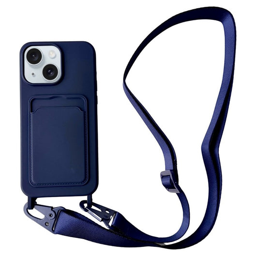 For iPhone 14 Case Liquid Silicone Card Slot Soft Phone Cover with Lanyard Strap - Dark Blue