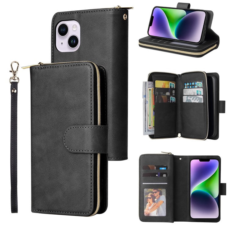 For iPhone 14 Plus Case Zipper Pocket TPU+PU Leather Phone Stand Cover - Black
