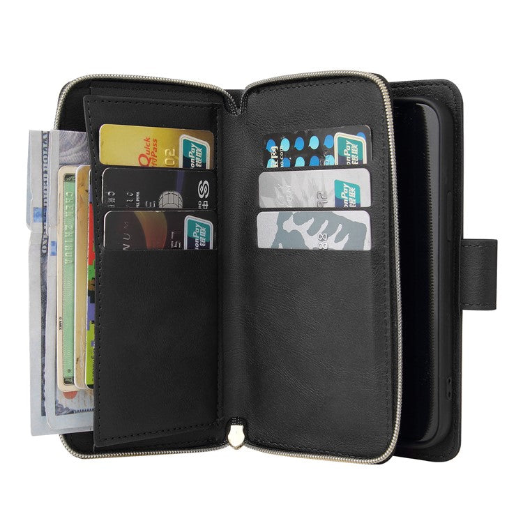 For iPhone 14 Plus Case Zipper Pocket TPU+PU Leather Phone Stand Cover - Black