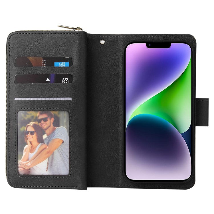 For iPhone 14 Plus Case Zipper Pocket TPU+PU Leather Phone Stand Cover - Black