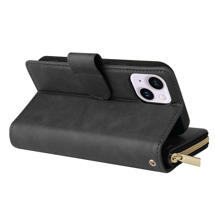 For iPhone 14 Plus Case Zipper Pocket TPU+PU Leather Phone Stand Cover - Black