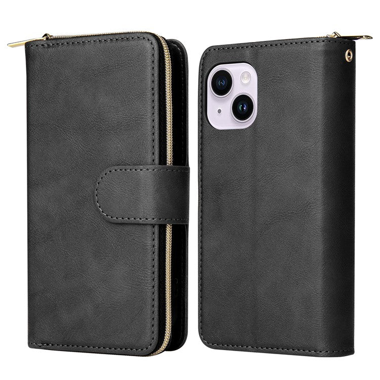 For iPhone 14 Plus Case Zipper Pocket TPU+PU Leather Phone Stand Cover - Black