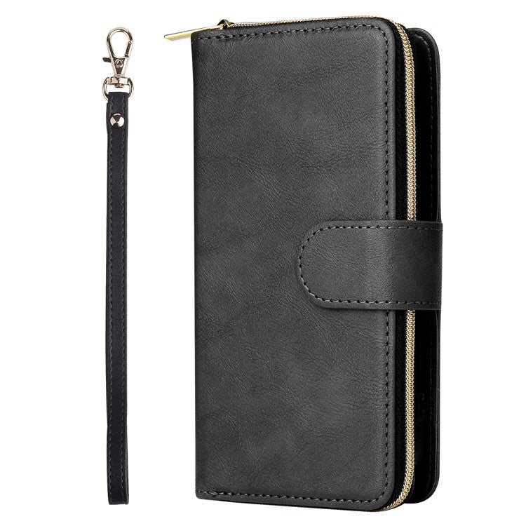 For iPhone 14 Plus Case Zipper Pocket TPU+PU Leather Phone Stand Cover - Black