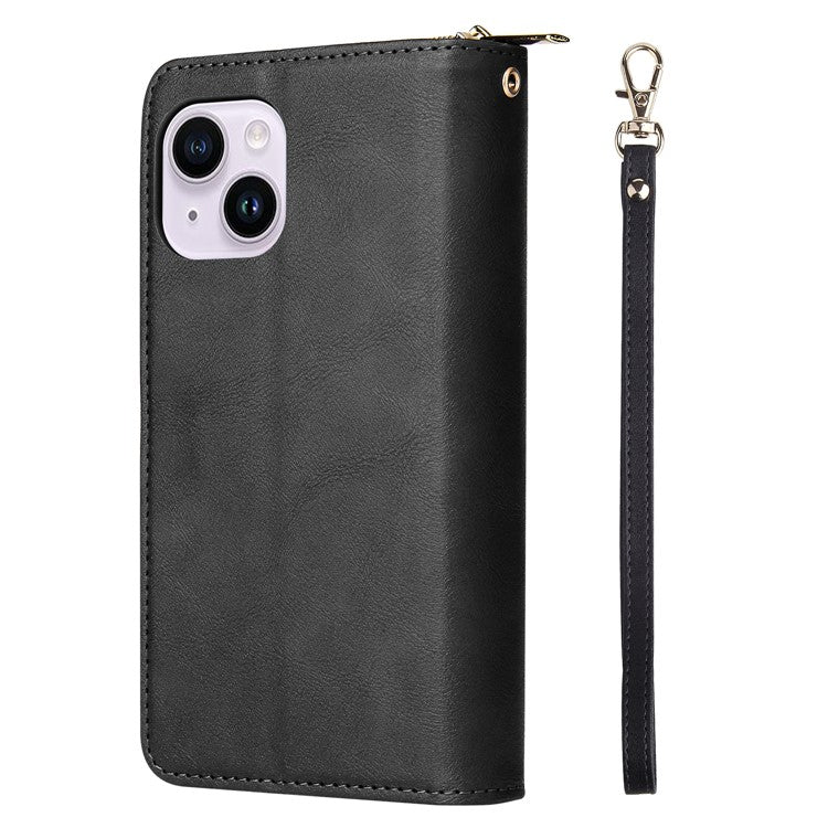 For iPhone 14 Plus Case Zipper Pocket TPU+PU Leather Phone Stand Cover - Black