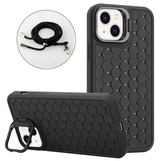 For iPhone 14 Plus Case TPU Heat Dissipation Kickstand Phone Cover with Lanyard - Black