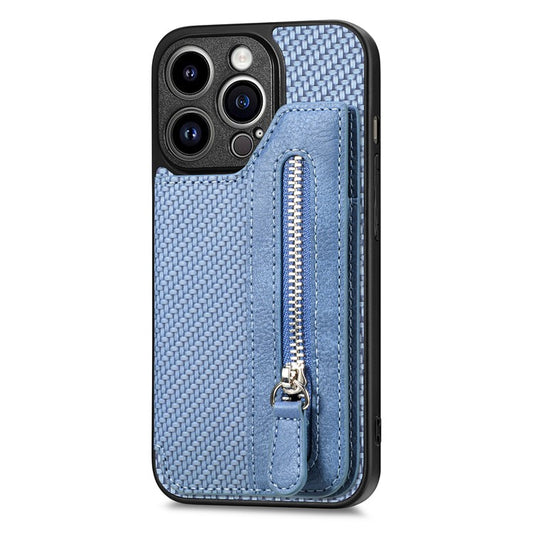 C1-04 For iPhone 14 Pro Case Leather Zipper Pocket Phone Cover with Kickstand - Blue