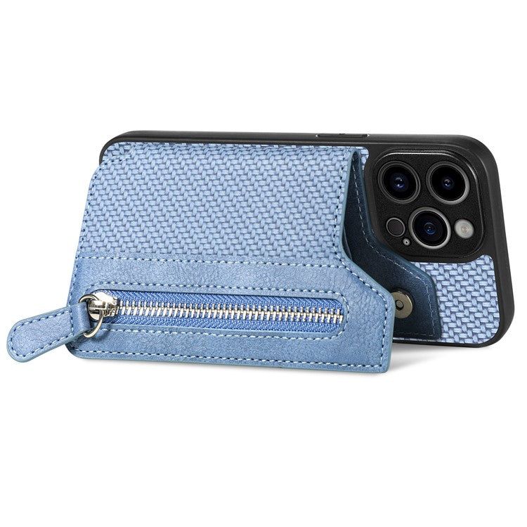 C1-04 For iPhone 14 Pro Case Leather Zipper Pocket Phone Cover with Kickstand - Blue