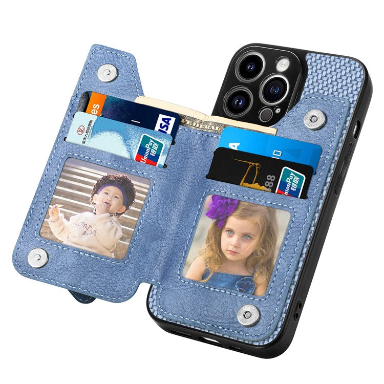 C1-04 For iPhone 14 Pro Case Leather Zipper Pocket Phone Cover with Kickstand - Blue