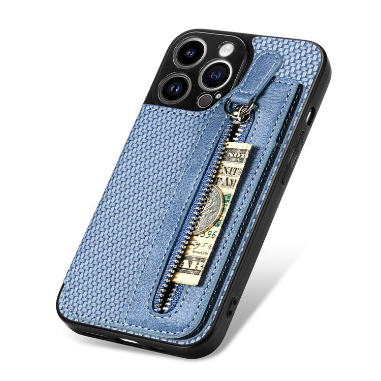 C1-04 For iPhone 14 Pro Case Leather Zipper Pocket Phone Cover with Kickstand - Blue