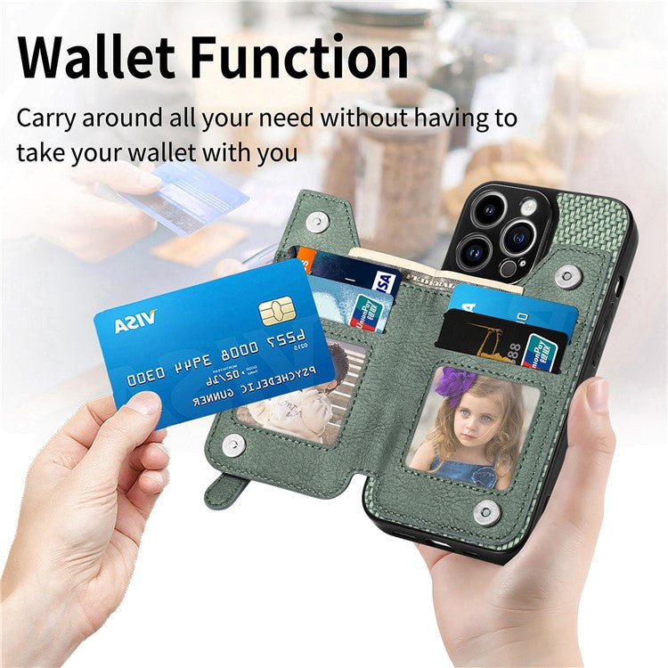 C1-04 For iPhone 14 Pro Case Leather Zipper Pocket Phone Cover with Kickstand - Blue