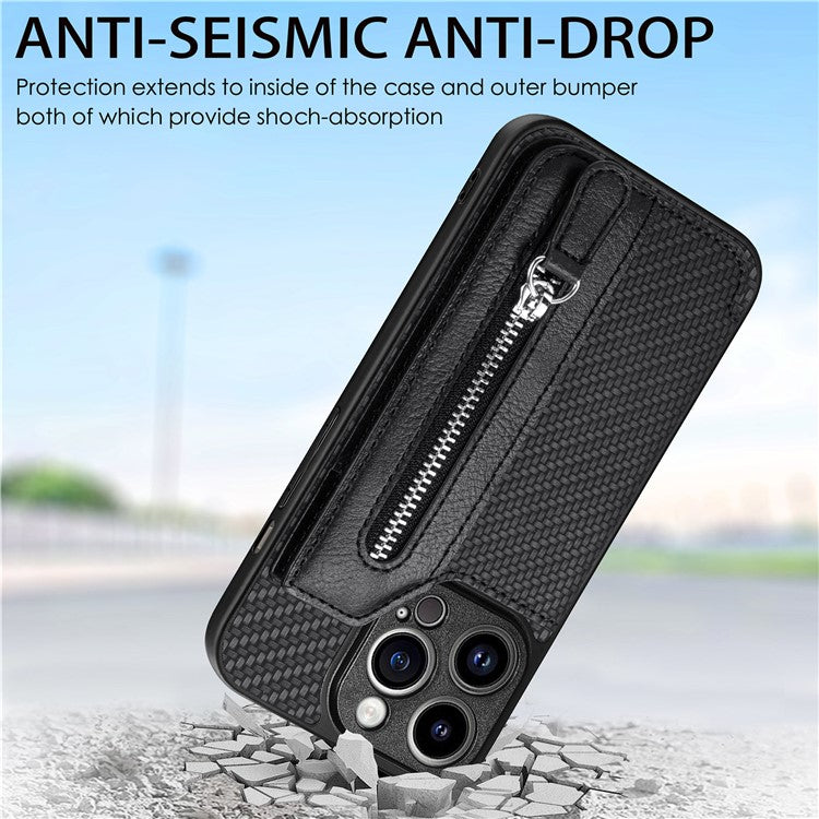 C1-04 For iPhone 14 Pro Case Leather Zipper Pocket Phone Cover with Kickstand - Blue