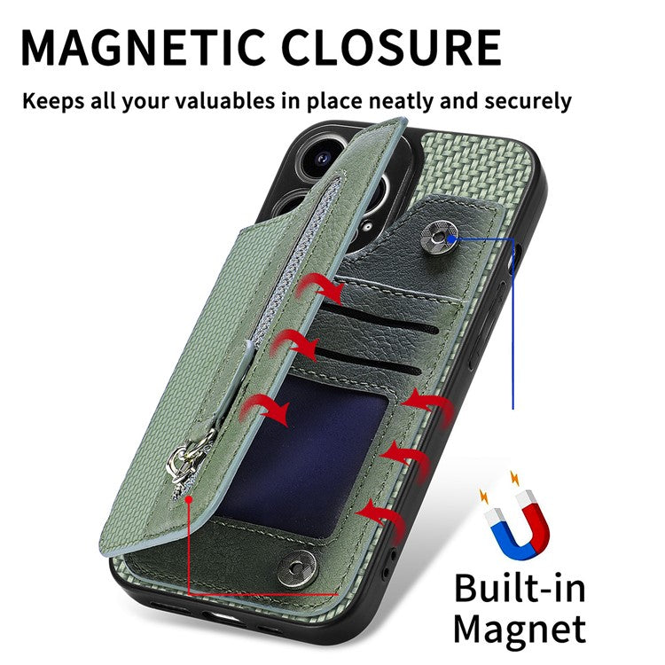 C1-04 For iPhone 14 Pro Case Leather Zipper Pocket Phone Cover with Kickstand - Blue